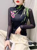 Printed Positioning Flower Double-Layer Mesh T-shirt Women Stretch Slim Full Sleeve Tees Tops HF8772-Outfit