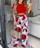 Fongt Women's Explosive Elegant Wind Short Sleeve Two-Set Printed Trousers Suit