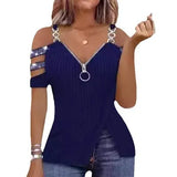 Fongt Hot Drill V Collar Off-The-Shoulder Metal Sling Zip Shoulder Sleeve Vest T-Shirt Pit Strip Small Shirt