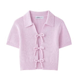 Fongt New Bow Trim Short Sleeves Short Knitted Top 2142007
