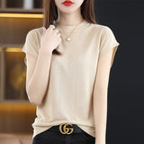 Fongt T-Shirt Round Collar Bottom Top 2025 New Solid Color Loose T Ice Knitted Shirt Casual