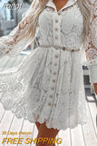 Women Turn Down Collar Long Dress Loose Button Patchwork Casual Solid Dress Elegant Lady Long Sleeve Lace Party