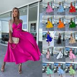 Fongt Summer New Fashion Socialite Deep V Hollow-Out Big Skirt Spread Slit Halter Dress Dress 23017-Outfit