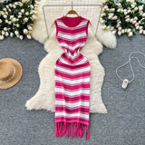 Fongt Fan Temperament Body-In-County-Necked Sleeveless Striped Knitted Dress Women's Summer Tight-Dled Ass Tuxedo Dress