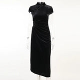 Dark Romantic Gothic Velvet Aesthetic Dresses Vintage Women Black Bandage SlitHem Bodycon Dress Sexy Evening Wear