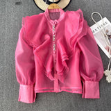 Fongt Court Style Super Fairy Collar Layer Lotus Edge Eugen Yarn Perspective Single Buckle Shirt Female Gas Top
