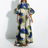 Fongt New Women's Temperament Loose-Fitting Painted Long Dress Big Swing Bubble Sleeve Dress