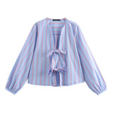 Fongt New Bow Trim Striped Silk Collar Shirt 0387058104