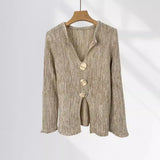 Fongt Mocha Lazy Wind French V Neck Slit Sweater Women's New Autumn Design Sense Top Button Sweater-Outfit