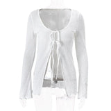 Dark Harajuku Cute Pleated Tie Up Women Cardigans Gothic Long Sleeve Slim Y2k White T-shirts Fairytale Aesthetic Casual