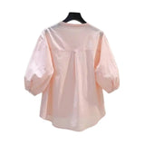 Fongt Lantern Sleeve Cotton Shirt Women Loose Design Casual Shirt 2025 Summer Art Light Blue Top