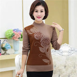 Autumn Winter Middle-aged Women Knit Sweater Print Pullover Turtlenecks Fleece Liner Warm Tops Mother Sweaters Base