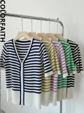 New 2022 Chic Striped Korean Fashion Zipper Cardigans Knitted Women Summer V-Neck Vintage Elegant Lady Tops