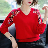 V-Neck Flower Embroidery knitted Pullovers For Women Fashion spring Elastic Sweaters Large Size Casual Knitwear Tops