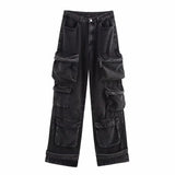 Fongt Women's Loose Jeans 2025 Spring French Retro Casual Multi-Pocket High-Waisted Trousers