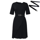 Fongt Women's Pure Color Fashion Temperament Five-Sleeve High-Waisted Folding High-Rise Dress