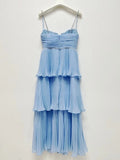 Top Quality Women Dress 2024 Early Autumn New Light Luxury Black Blut Chiffon Pleated Cake Suspender Dresses TH4588-Outfit