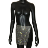 Women Sparkly Rhinestone Sexy Two Piece Set 2023 New Low Cut Sleeveless Halter Backless Party Top Split Empire Mini