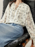 Fongt Elegant Wood-Eared Chiffon Shirt Women's New High-End Print Thin Comfortable Tops In Spring 2025