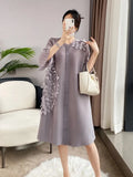 Patchwork 3D Flower Three Quarter Sleeve Single Breasted Pleated Solid Dress For Women 2024 Autumn Fashion New TH1217-Outfit