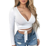 New Casual Basic Women T-shirts Long sleeve Deep V Neck Slim Fit Bandage Pullovers Solid Sexy Club Streetwear Tee