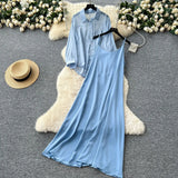 Fongt Temperament Two Sets Of Women's Languid Languid Wind Outside The Thin Loose Long-Sleeved Sunscreen Jacket + Sling Dress