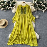 Fongt Industry Embroidery Loose Holiday Dress Women Large Size Show Lean Meat Sweet Tie With Round Lantern Sleeve Dress
