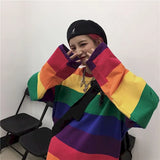 Women's Rainbow Striped T-shirt Long-sleeved Spring Autumn New Style Korean Student Loose Fashion Top Oversize Kawaii