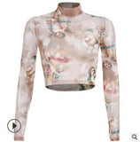 Fongt Summer Ins New Angel Print Mesh Short Crop Long Sleeve T-Shirt