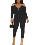 Autumn And Winter Women's Wear New Shoulder Spliced Long-Sleeved Printed Trousers Two Sets-Outfit