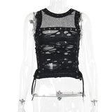 Summer New Sexy Micro-Transparent Hot Girl Blouse Dark Style Personality Trend Hole Fabric Vest Girl-Outfit