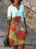 Floral Print Fashion Slim V-Neck Half Sleeve Midi