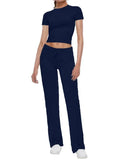 Short Sleeve Cropped Top Straight Leg Pants Set-Outfit