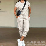 Women's Solid Color Round Collar Top Multi Pocket Jog Pants Set-LZS7514-Outfit