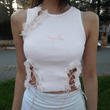 Girl Feeling Lace Irregular Hollowed-Out Lace Design Bow-Tie Sleeveless Vest 2023-Outfit