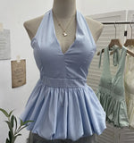 Fongt Retro Hanging Neck Tie With Bare Back Sling Skirt Folded Short Sleeveless Top Woman 9225
