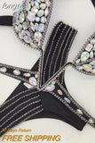 Deep V Bustier Open Straps Paded Bikini Sets Bling Stones Sparking Crystal Rhinestone Chain Swimwear Push Up