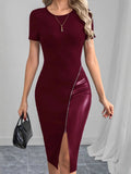 Fongt Zippered Short Sleeve Black PU Thighs Open Tight Dress