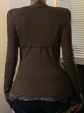 Fongt Lace Splicing Deep V-Neck Long-Sleeved T-Shirt Girl 2025 New Blouse