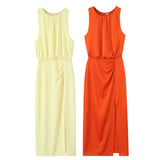 Fongt New Women's Folded Decorative Silk-Sense Dress 2544313