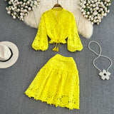 Fongt Temperament V-Neck Hollow Embroidered Lantern Sleeve Short Shirt Women Two Sets Hit High Waist Thin Word Half Skirt