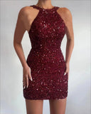 Fongt New Fashion Hanging Neck Sexy Crystal Tuxedo Supid Squin Dress Mid-Rise Evening