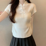 Chinese Buckle Design Positive Shoulder Short Sleeve Knit Shirt Girl Summer Thin Temperament With Short Cheongsam