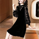 Fongt Velvet Dress Woman 2025 New Spring And Autumn Long Sleeves Chopped Flowers Retro Age-Old Light Style Chic Dress