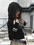 Fongt Print Punching Design Hooded T-Shirt Thin Casual Hottie Sexy Long-Sleeved Top