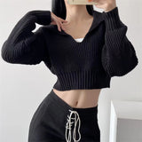 Fongt Sense Korean Version Pure Color New Loose Big Lapel Sweater Spring Autumn Women's Short Sweater Net Red Sweater-Outfit