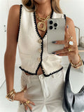 Fongt 2025 Women's Flower Decoration Single-Billed Casual Knitted Vest Sweater