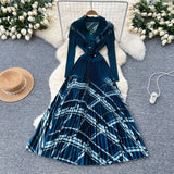 Fongt Luxury Elegant Dress Women's Fashion Collar Double Buckle Waist Long Sleeve Splicing Print 100 Folds Long Skirt
