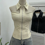 Fongt Shot With Chest Pad Hanging Neck Sling Vest Babes Design Pu Skin Tight Short Sleeveless Top Woman 1359