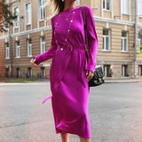 Vintage Sashes Satin Slim Mid Dress Long Sleeve Solid O Neck A Line Simple Casual Dress 2020 Early Winter New Women
